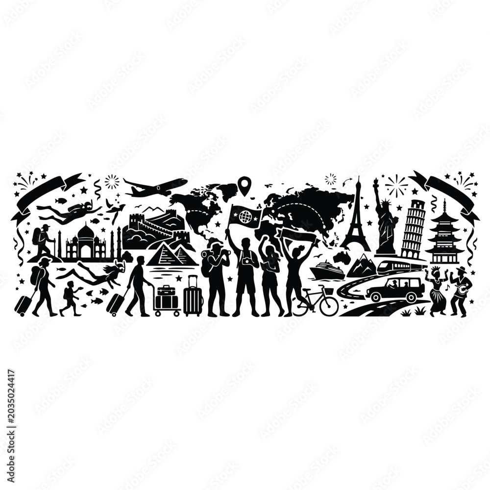 Obraz premium World travel silhouette with famous landmarks and people silhouettes.
