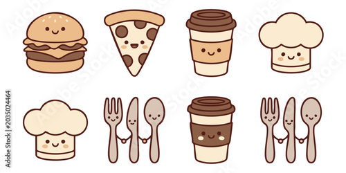 Fotografía Smiling food icons including burgers, pizza, coffee, and utensils on white