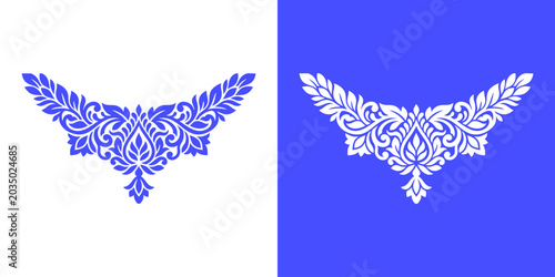 Slika na platnu Intricate blue wing-shaped illustration with feather-like patterns on white and