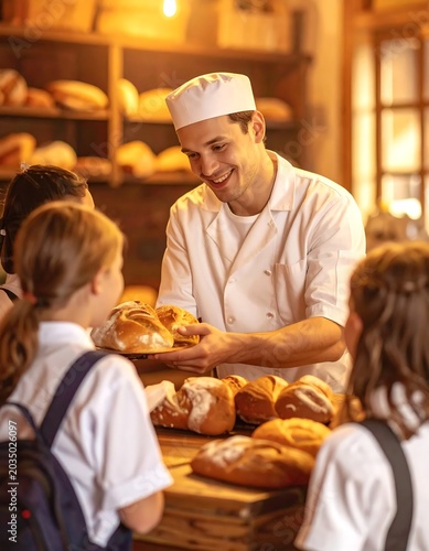 Baker in white apron holding fresh bread loaves.
