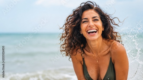 Smiling woman with wet curly hair enjoying waves at the beach