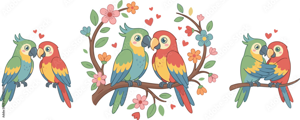Obraz premium Cute Cartoon Macaw Parrot Couple Vector Set Sitting on Flowering Tree Branch with Hearts for Valentines Day and Romantic Greeting Card Designs