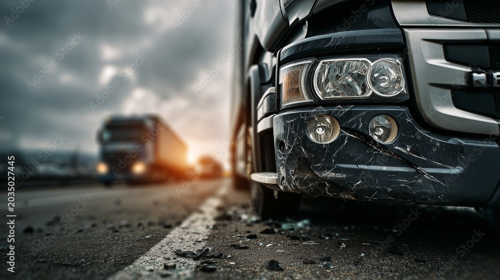 Fototapeta premium Close view of damaged truck on highway with stopped tractor trailer and cloudy sky conveying crash scene and legal claim urgency.