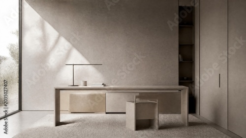  Empty minimalist room with straight-line furniture and soft window light. 