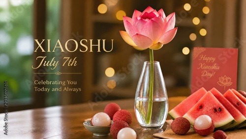  Lotus flower in glass vase with summer fruits on wooden table. 