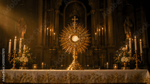 Golden religious monstrance with candles in dimly lit church interior