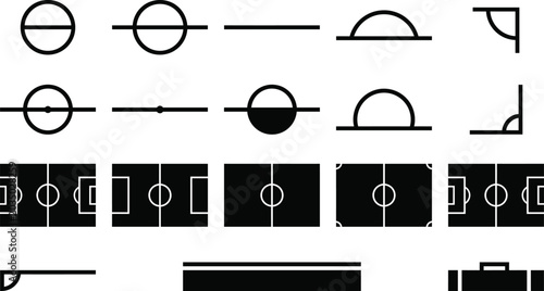 Collection of black and white representing soccer field and abstract shapes football field symbol line