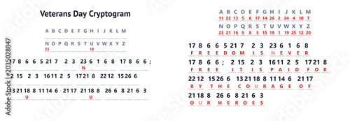 Bild auf Leinwand Veterans Day cryptogram puzzle with letters and numbers on paper