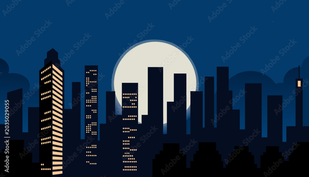 Fototapeta premium A flat vector illustration of a nighttime city skyline, featuring dark building silhouettes against a deep blue sky, with a large glowing full moon as the centerpiece. Some buildings have warm yellow.