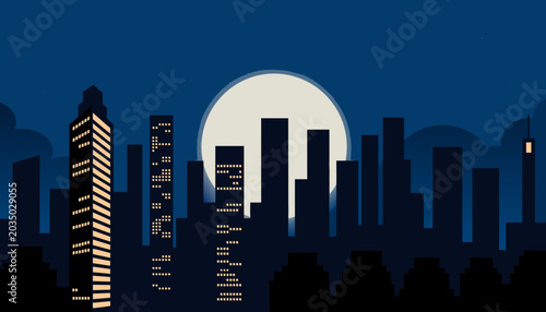 Quadro su tela A flat vector illustration of a nighttime city skyline, featuring dark building silhouettes against a deep blue sky, with a large glowing full moon as the centerpiece