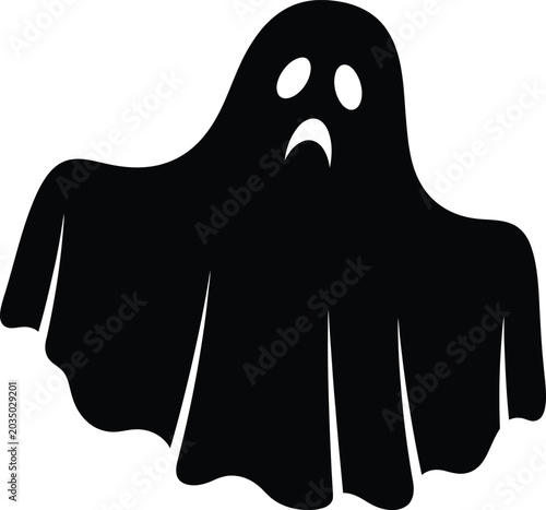 Spooky cartoon ghost silhouette with worried expression for Halloween holiday vector illustration