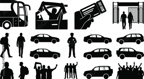 Foto Collection of black silhouettes of people, vehicles, and event entry black and w