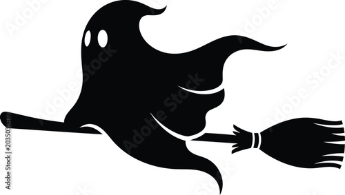Photos Spooky Halloween ghost silhouette flying on a magic wooden broomstick vector ill