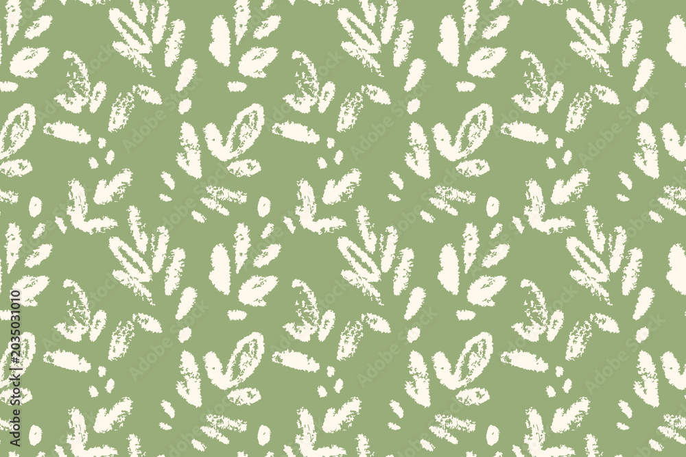 Fototapeta premium Seamless botanical pattern with textured white leaves on sage green background. Minimal organic design for textiles, wallpaper, packaging, stationery, and branding
