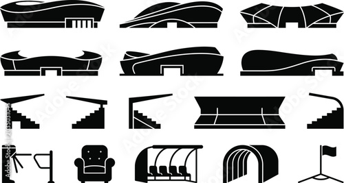 Konstfotografi Collection of black stadium and sports venue including grandstands, turnstiles,