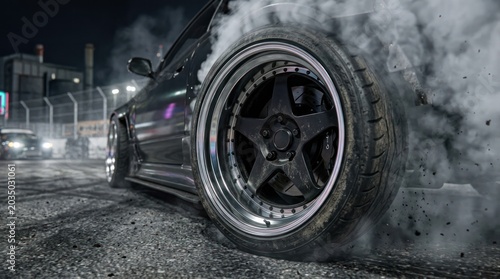 Sport car tire burnout with dramatic smoke at night