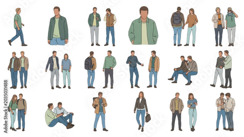 Konstfotografi Various people in casual outfits illustrated in 2D CAD vector styles