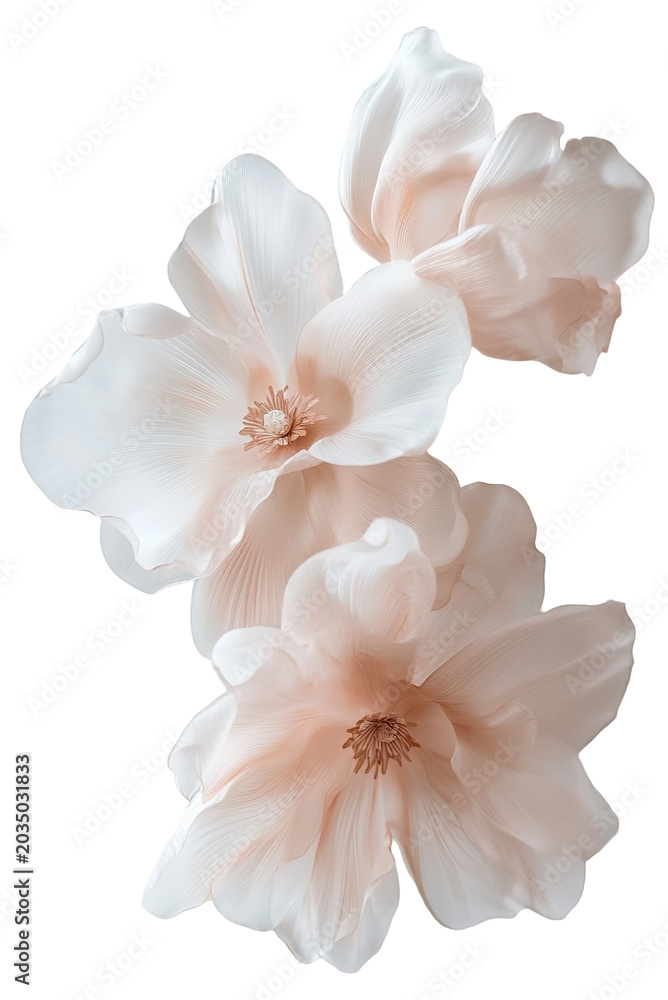 Fototapeta premium Three soft pink flowers are cut out and isolated on a clear background. They have delicate petals and detailed centers, suitable for various design uses