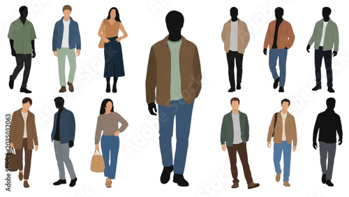 Foto Various people in casual 2D CAD Vector illustrations stand in groups
