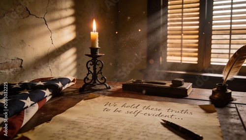 Lighting weathered parchment resting on oak desk in candlelit study, with folded US flag and quill