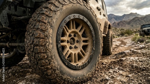 Off road tire and wheel on rocky desert trail