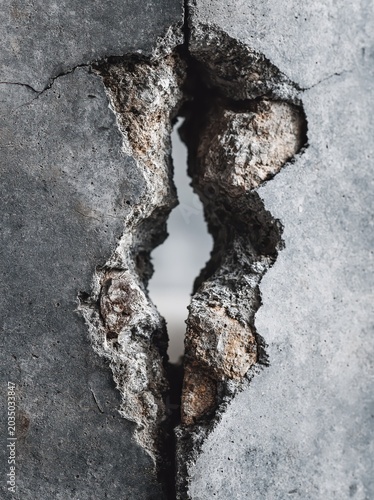 Close-up of a broken concrete wall with a large crack showing structural failure