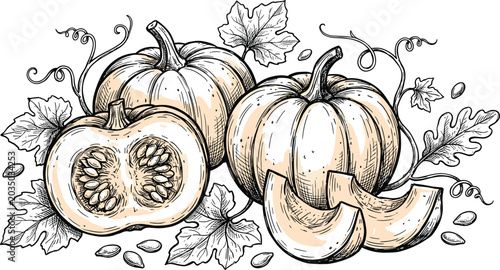 Vintage Hand Drawn Engraving Style Pumpkin Vector Illustration with Half Slices Leaves and Seeds for Autumn Harvest Thanksgiving and Halloween Rustic Graphic Designs