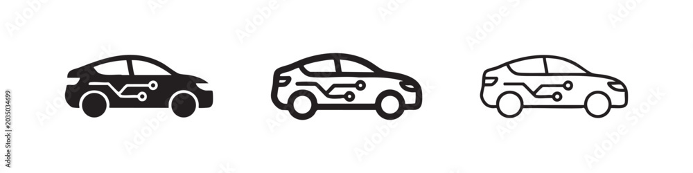Fototapeta premium Electric car icons with circuit board, set of three different styles - solid, outlined, and hand-drawn.