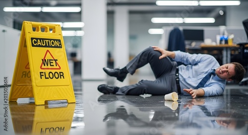 Wet floor slip accident in parking garage showing fallen man, caution sign, spilled coffee, evokes personal injury law claim for slip and fall liability.