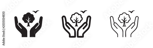 Schilderij op canvas Hands holding tree icon set, environmental protection symbol, nature conservatio