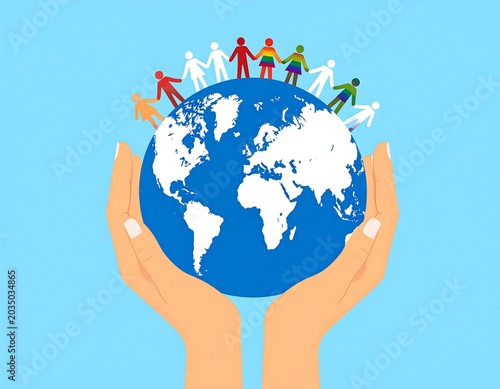 Colorful Paper People Holding Hands Around Globe in Caring Hands on Blue Background