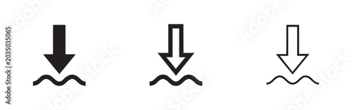 Fotografie Download icon set with an arrow pointing down to a wavy surface, representing data intake or water level
