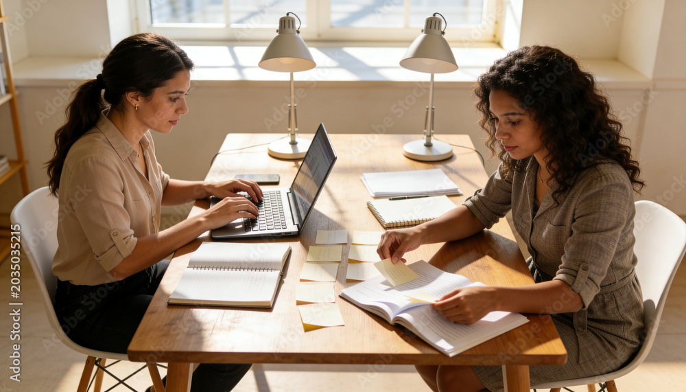 Fototapeta premium Working women using laptop and sorting sticky notes at wooden table by window, in work clothes