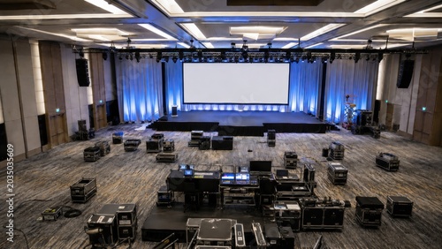 Large Conference Room with Stage and Seating Setup for Presentations and Events