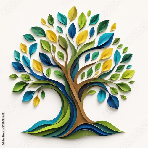 Artistic Paper Cutout Tree with Vibrant Leaves and Curved Branches on White Background