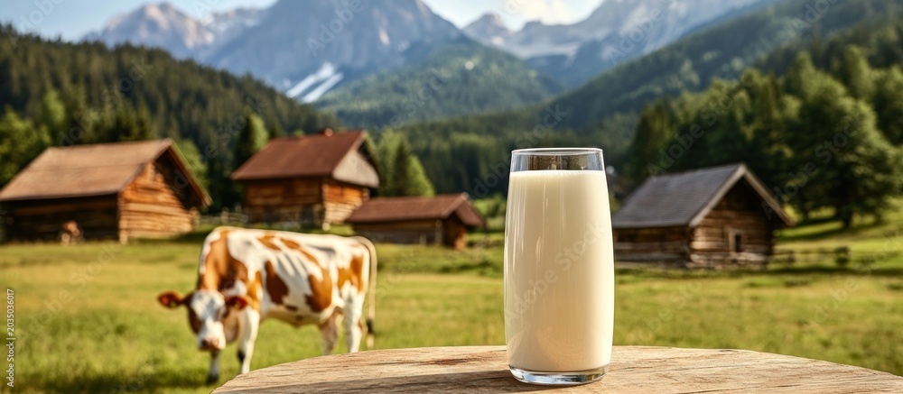 Fototapeta premium Glass of fresh milk on a rustic wooden table with a cow grazing in an alpine pasture featuring traditional chalets and majestic mountains.