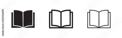 Open book icon set in solid, outline, and hand-drawn styles for education and reading