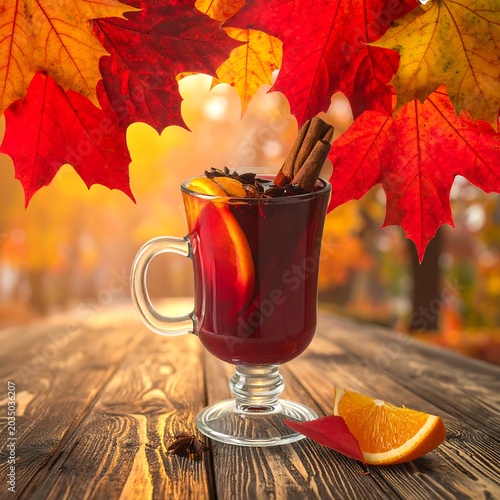 Warm Spiced Mulled Wine with Orange Slice on Rustic Wooden Table in Autumn Forest