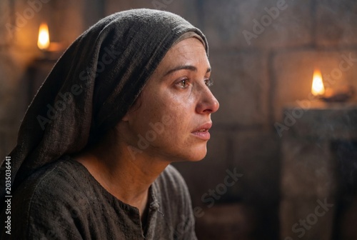 Cinematic portrait of a young ancient biblical woman praying silently in a dimly lit tabernacle. Deep faith, crying eyes, and spiritual devotion concept, depicting the story of Hannah