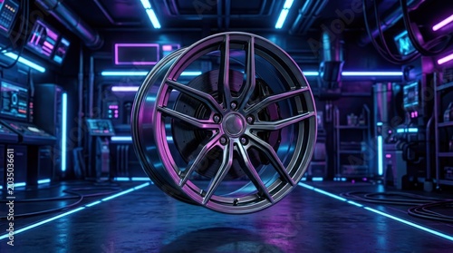 Futuristic neon wheel in high tech laboratory
