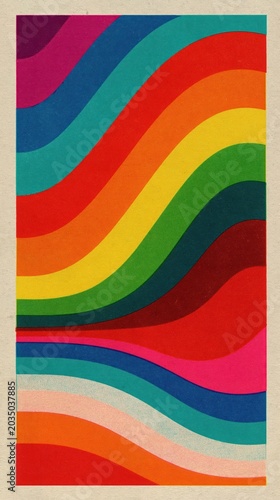 Colorful retro wavy abstract background with textured rainbow stripes and 70s psychedelic design