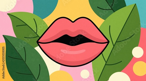 Pop art illustration of pink lips surrounded by green leaves on colorful abstract background
