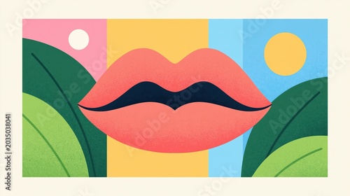 Retro abstract vector illustration of plump pink lips with tropical green leaves, sun, and moon