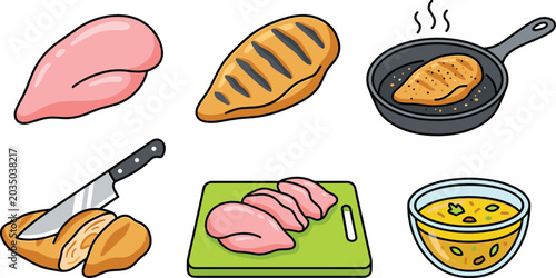 Tableau sur toile Fresh Chicken Breast Cooking and Recipe Preparation Vector Icon Set Featuring Ra
