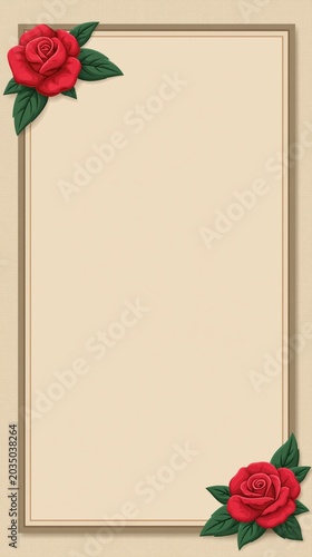 Blank elegant vertical greeting card frame with red roses on vintage paper background
