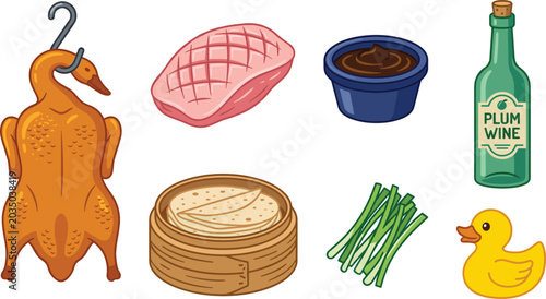Foto Gourmet Roasted Peking Duck Culinary Vector Icon Set Featuring Raw Breast Bamboo