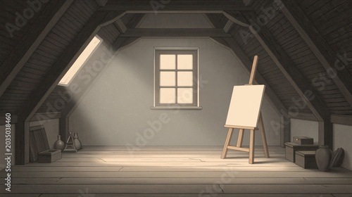Vintage engraving illustration of an empty attic art studio with a blank canvas on an easel.