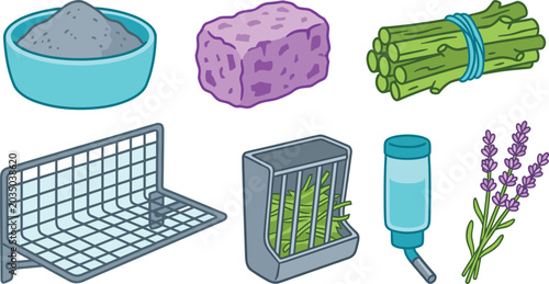 Bild auf Leinwand Small Pet Care and Chinchilla Cage Accessory Vector Icon Set Featuring Dust Bath
