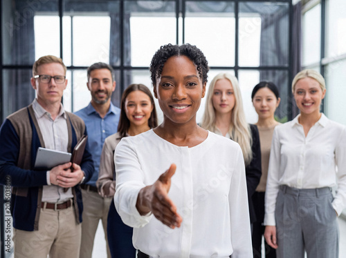 Tableau sur toile Professional young African American businesswoman extending a handshake to welcome new business partners