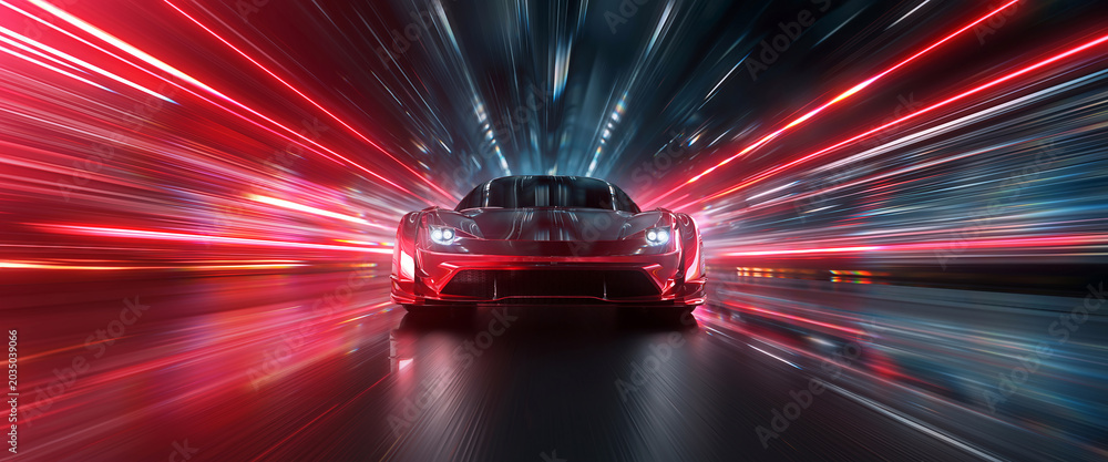 Fototapeta premium Sleek red sports car racing at high speed on neon highway. Power acceleration on a night track with colorful lights. Futuristic digital background. Concept of velocity and technology. 3d illustration